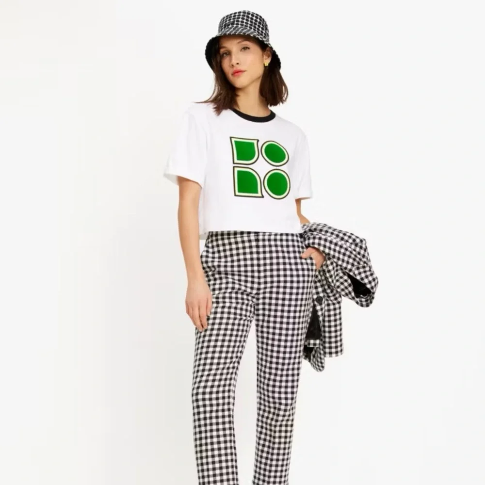 Kate Spade Noel Logo T-Shirt Cropped Ringer Tee Women’s Small White Velvet Green